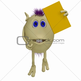 3D puppet with purple hairs holding book