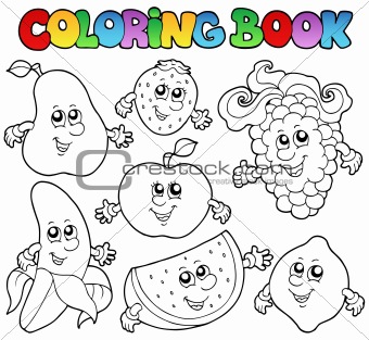 Coloring book with various fruits