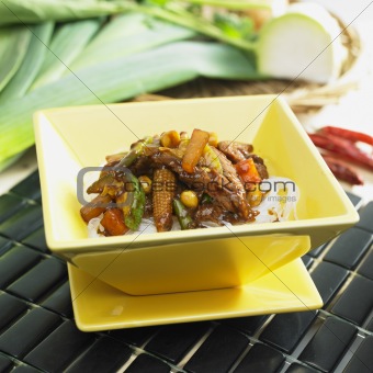 Chinese beef noodles with small corns