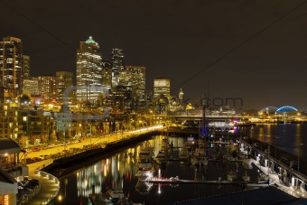 Seattle Downtown Waterfront Skyline at Night Reflection