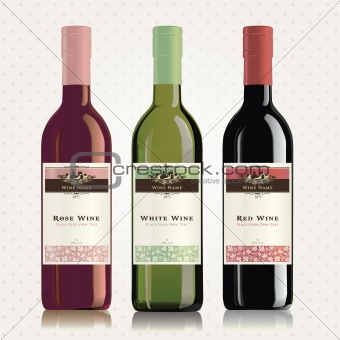 Red, white and rose wine labels and bottles
