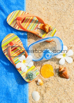Seashells and diving mask on the ocean beach