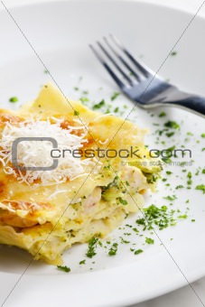 lasagne with broccoli and chicken meat