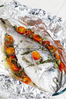 bream baked with herbs and cherry tomatoes