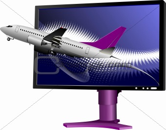 Blue dotted background with Flat computer monitor with passenger