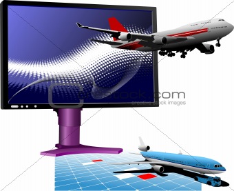 Blue dotted background with Flat computer monitor with passenger