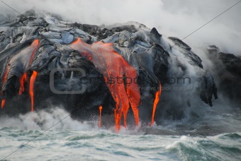 Multiple Lava Flows, Ocean, Steam, close up.