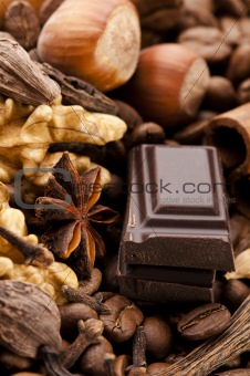 chocolate with coffee beans, spices and nuts