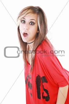 Shocked trendy teenage girl posing mouth open 