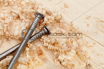 Wood surface, shavings and nails