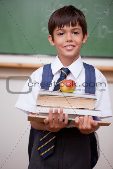 Portrait of a schoolboy holding books and an apple