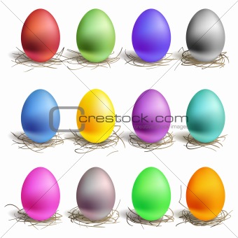 Color easter eggs in the nest, set of colour