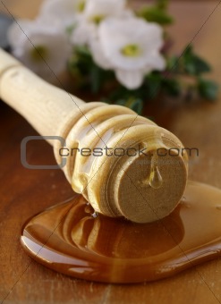 fresh golden honey  with a wooden spoon and flowers