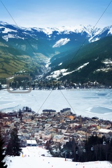 Aerial view down on Zell Am See (Austria, Alpes) town