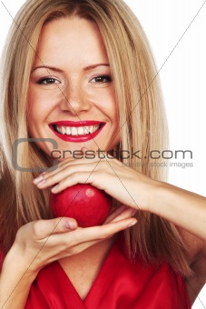 woman and red apple