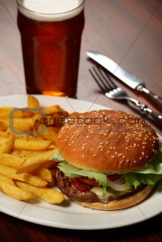 Burger and fries at a Pub