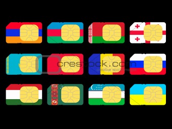 SIM cards represented as flags of countries from CIS