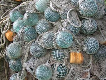 glass float, old fishing nets catch closeup