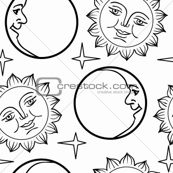 Seamless wallpaper the Moon and Sun with faces  