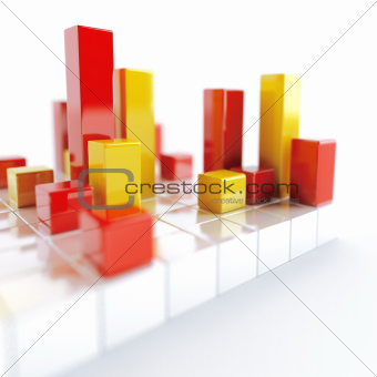 Abstract white yellow and red metallic cubes on a white background