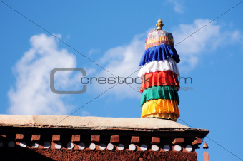 Colorful prayer flags on the roof