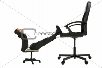 businessman sitting on the small chair leg on the big chair and thinking about promotion