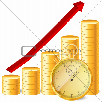 stopwatch with coins and arrow