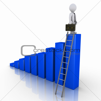 Businessman standing on top of chart with ladder