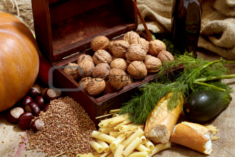 Still Life With Chest, Nuts, Pumpkin, Bread 
