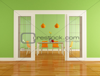 green and orange dining room