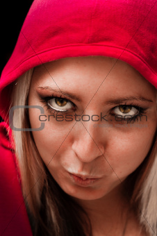 Beautiful blond girl in red hood