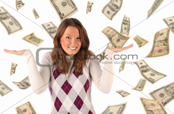 Confused girl on dollars background