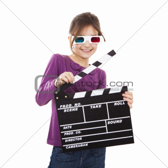 Girl with 3D glasses and a clapboard