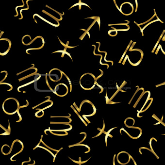 Golden zodiacal signs over black background