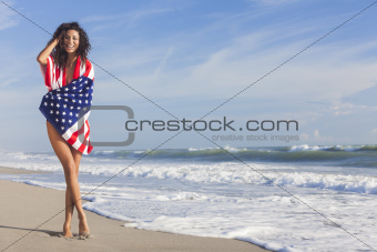 Sexy Young Woman Girl in American Flag on Beach