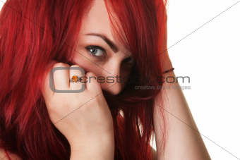 Woman Covering Mouth with Hair