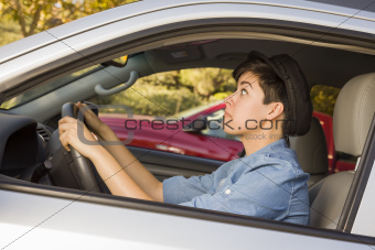 Very Stressed Mixed Race Woman Driving in Car and Traffic.