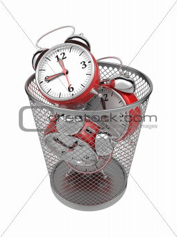 Wasting Time Concept: Clocks in Trash Bin.