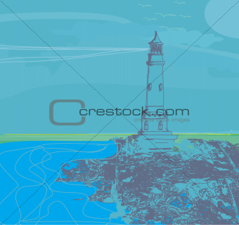lighthouse seen from a tiny beach - Grunge Poster