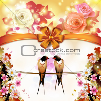 Two swallows with flowers