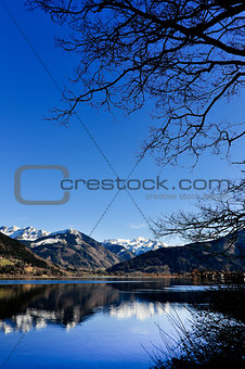 Mountain lake landscape view with tree and mountains reflection