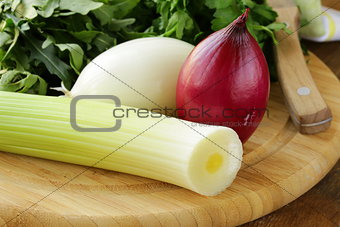 Various types of onions (leeks, red and white) on the cutting board