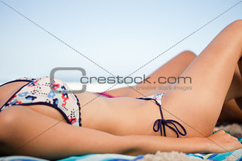 Side view of a young woman bikini on the beach