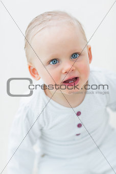 High view of a blonde baby