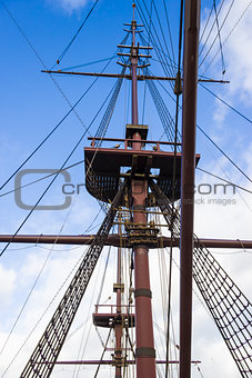 Marine rope ladder, mast and ropes of a classic sailboat