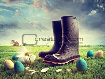 Rubber boots with easter eggs on grass