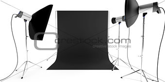 photo studio equipment with flashes and background