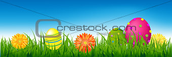 Happy Easter Banner With Grass And Eggs
