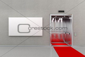 Elevator with red carpet and billboard