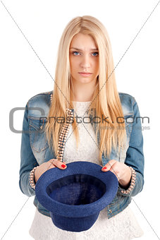 Young woman with hat begging for money